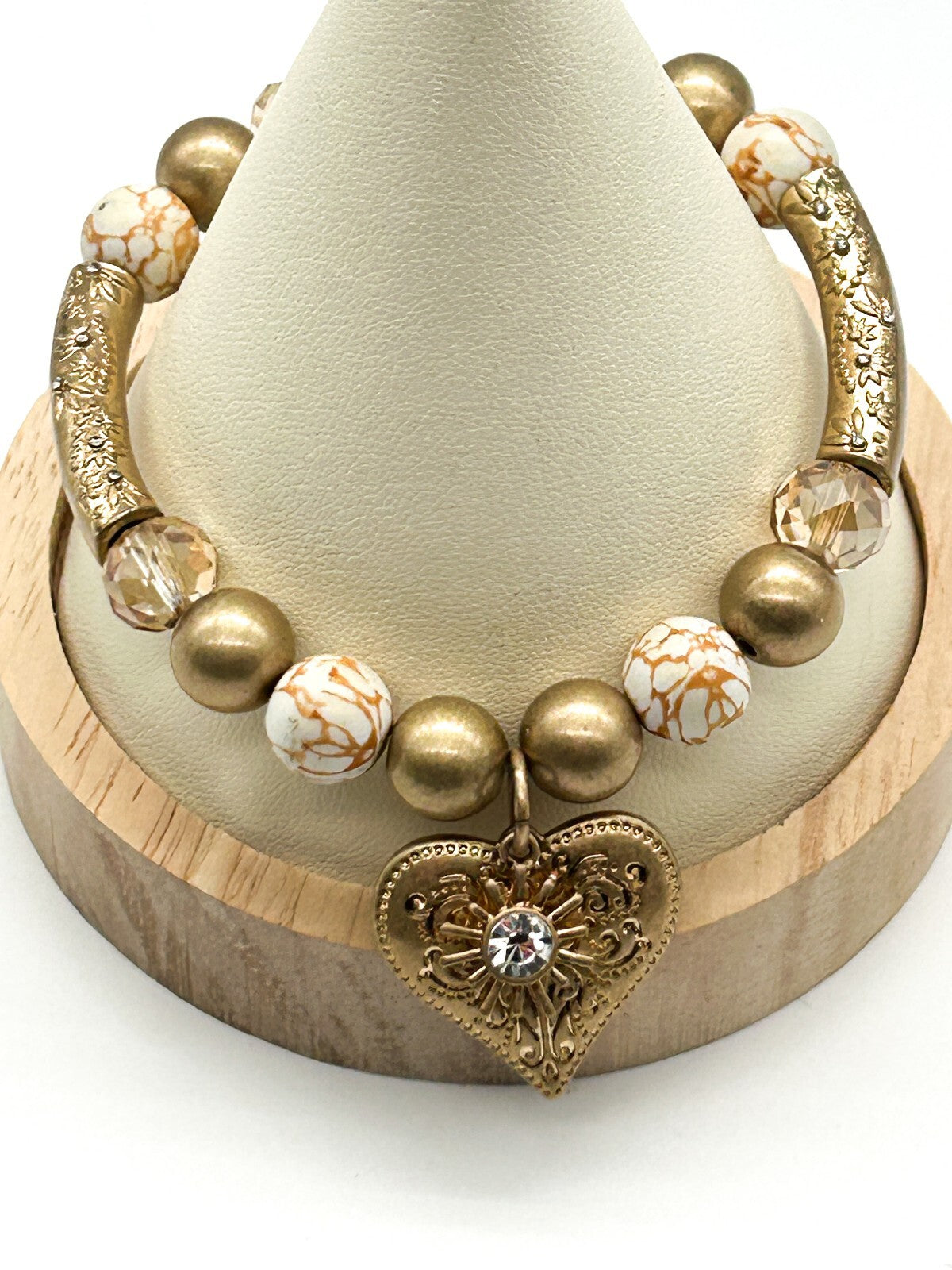 Signed Bibi Bijoux Ornate Heart Charm Bracelet Gold Tone Crystal Marble Stretch