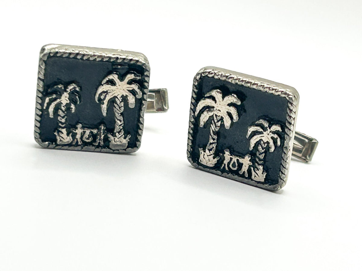 Vintage Egyptian Revival Palm Tree Enamel Cufflinks Silver Plated Figural Scene