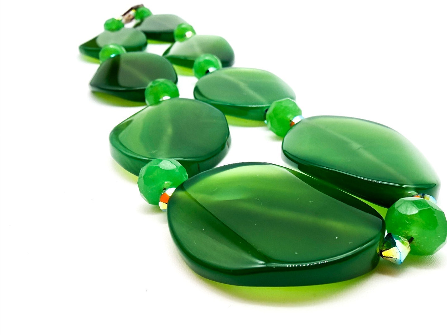Chunky Green Agate Statement Necklace Faceted Glass Aurora Borealis Beads