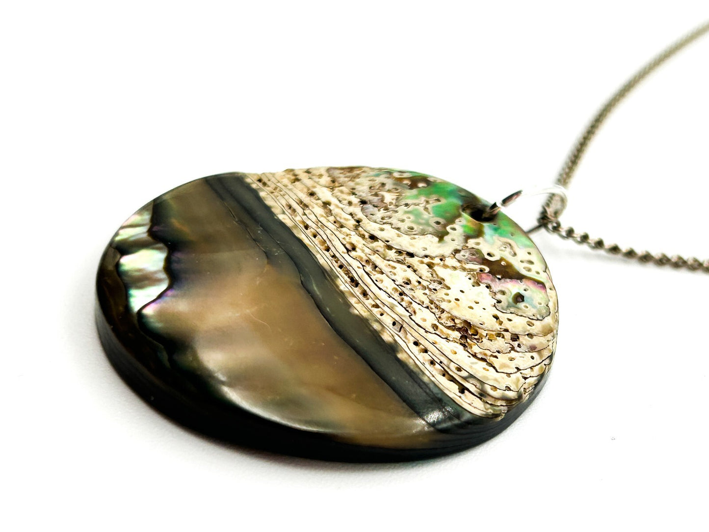 Carved Natural Paua Abalone Shell Face Pendant Necklace Iridescent Statement