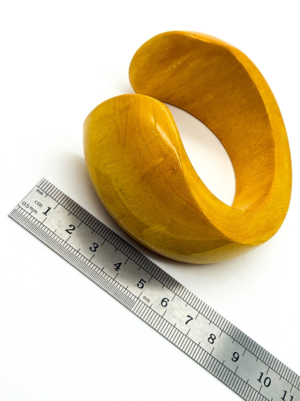 Vintage Mustard Yellow Wooden Cuff Bangle Wide Gloss Wood Statement Bracelet