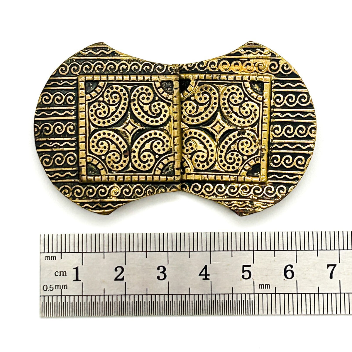 Vintage Ornate Brass Gold Tone Belt Buckle Embossed Scroll Pattern Black Metal