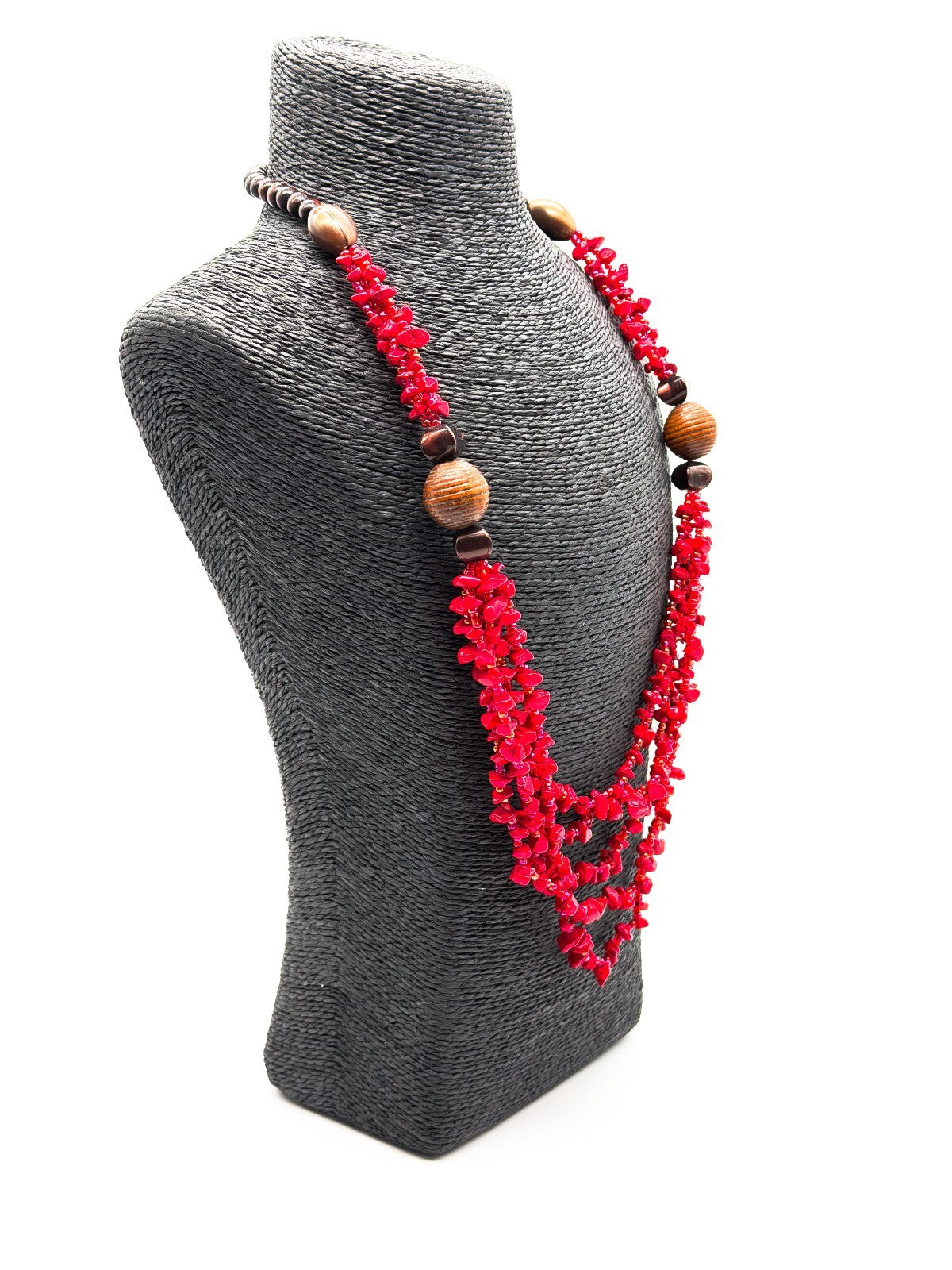 Red Coral Chip 5 Strand Necklace Wood Beads AB Glass Seed Beads 26” Statement