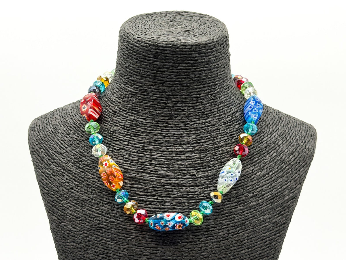 M&S Millefiori Art Glass Necklace Hand Knotted Faceted Glass Floral Beads 17”