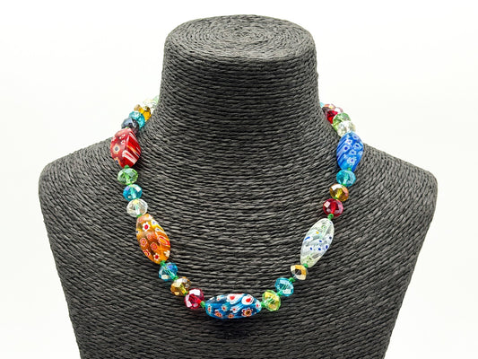 M&S Millefiori Art Glass Necklace Hand Knotted Faceted Glass Floral Beads 17”