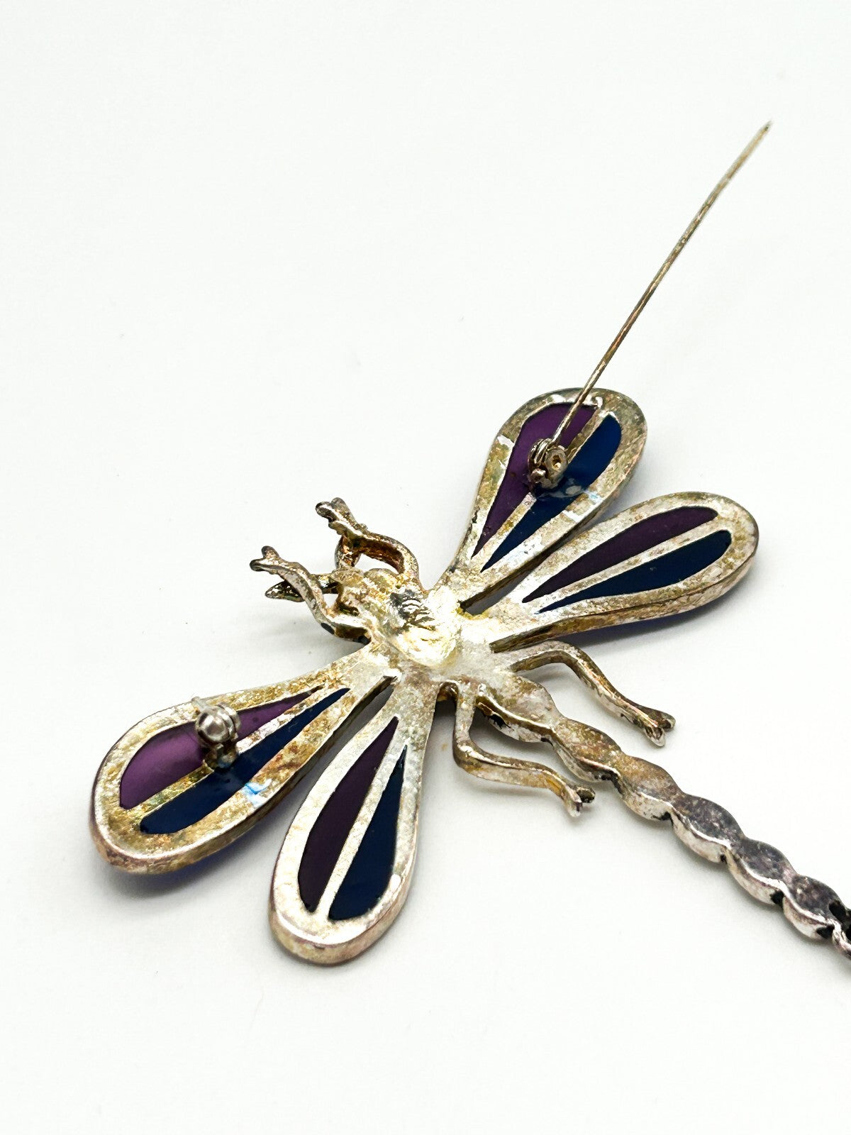 Vintage Purple Enamel Dragonfly Brooch AB Rhinestone Glass Figural Statement