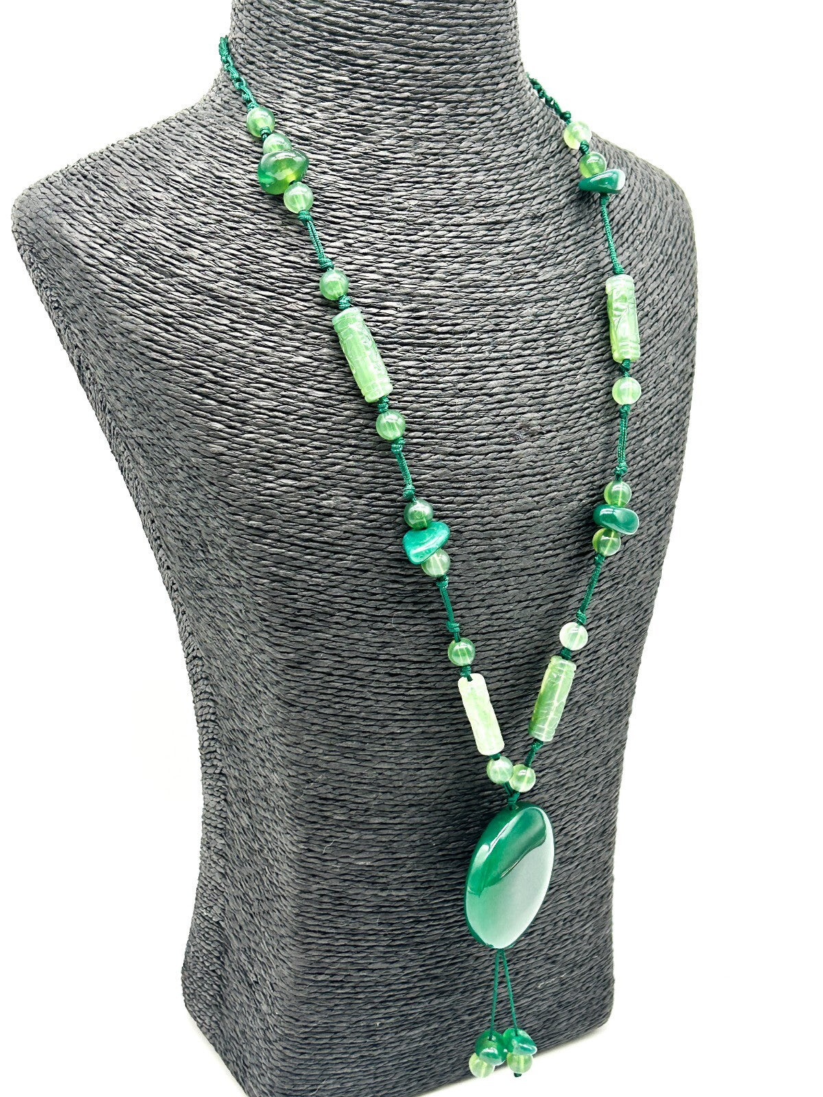 Vintage Green Aventurine Necklace Macrame Disc Pendant Boho Gemstone Tassel