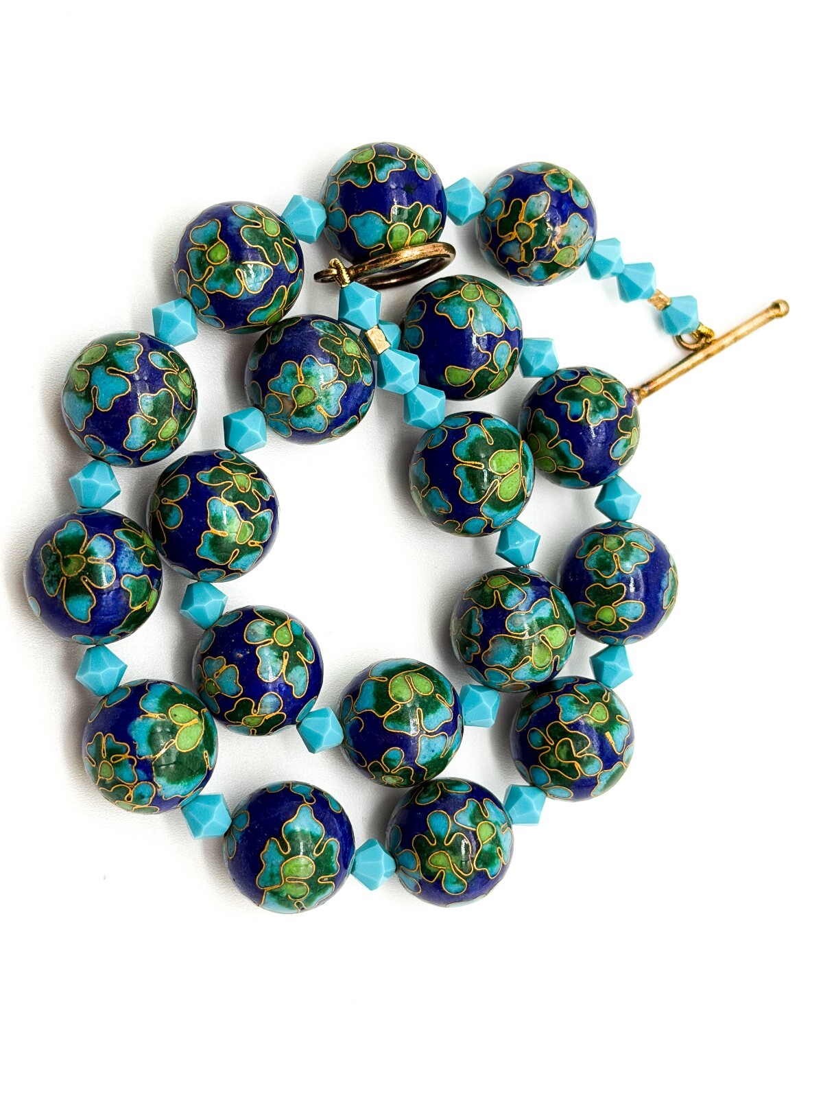 Cloisonné Enamel Bead Necklace Blue Green Floral Artisan Toggle Statement