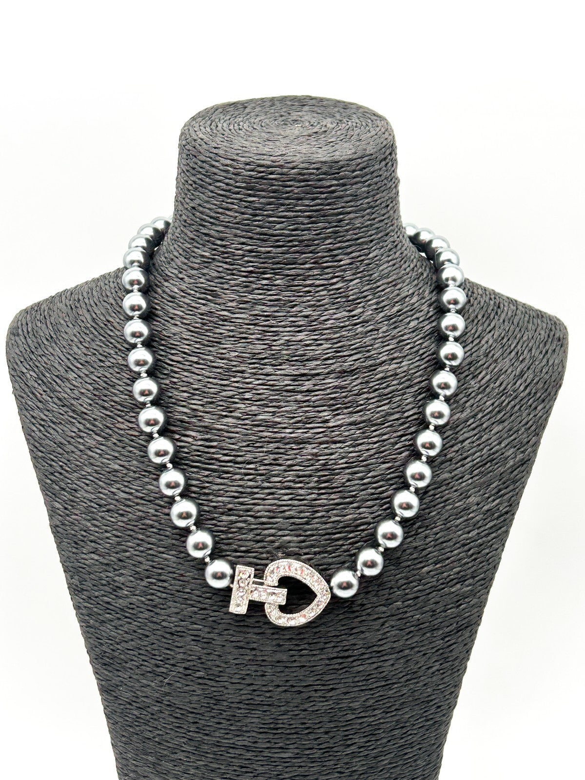 Vintage Grey Faux Pearl Necklace Bracelet Set Rhinestone Heart Clasp 19” 8.5”