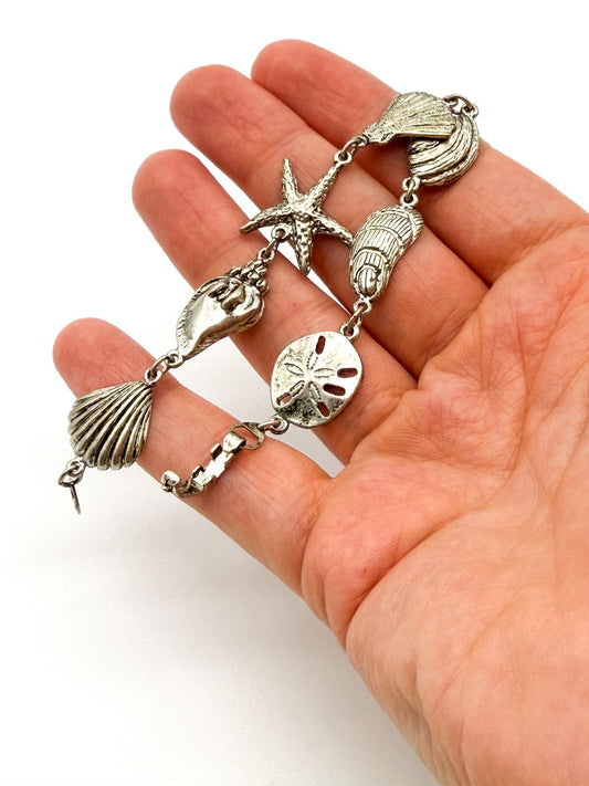 Signed SJ Silver Tone Beach Charm Bracelet Shell Starfish Nautical 7.5”