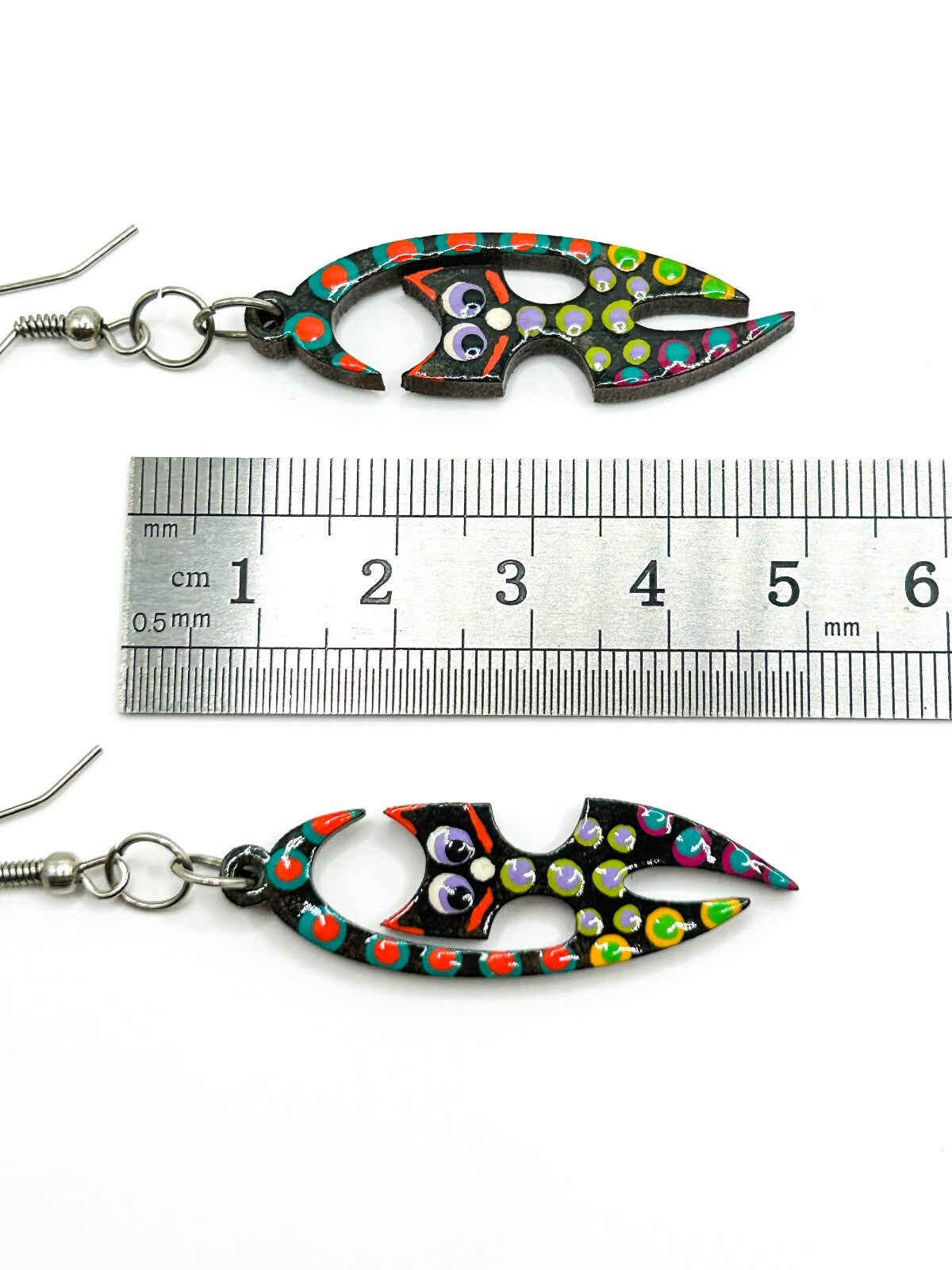 Hand Painted Wooden Cat Earrings Colourful Folk Art Dangle Quirky Felines