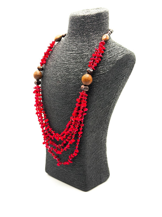 Red Coral Chip 5 Strand Necklace Wood Beads AB Glass Seed Beads 26” Statement