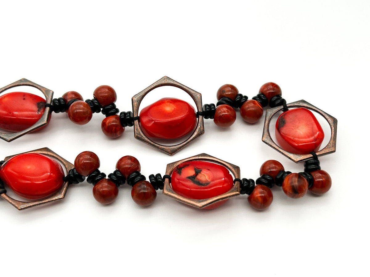 Chunky Red Coral Nugget Necklace Bronze Hexagon Beads Multi Strand Statement