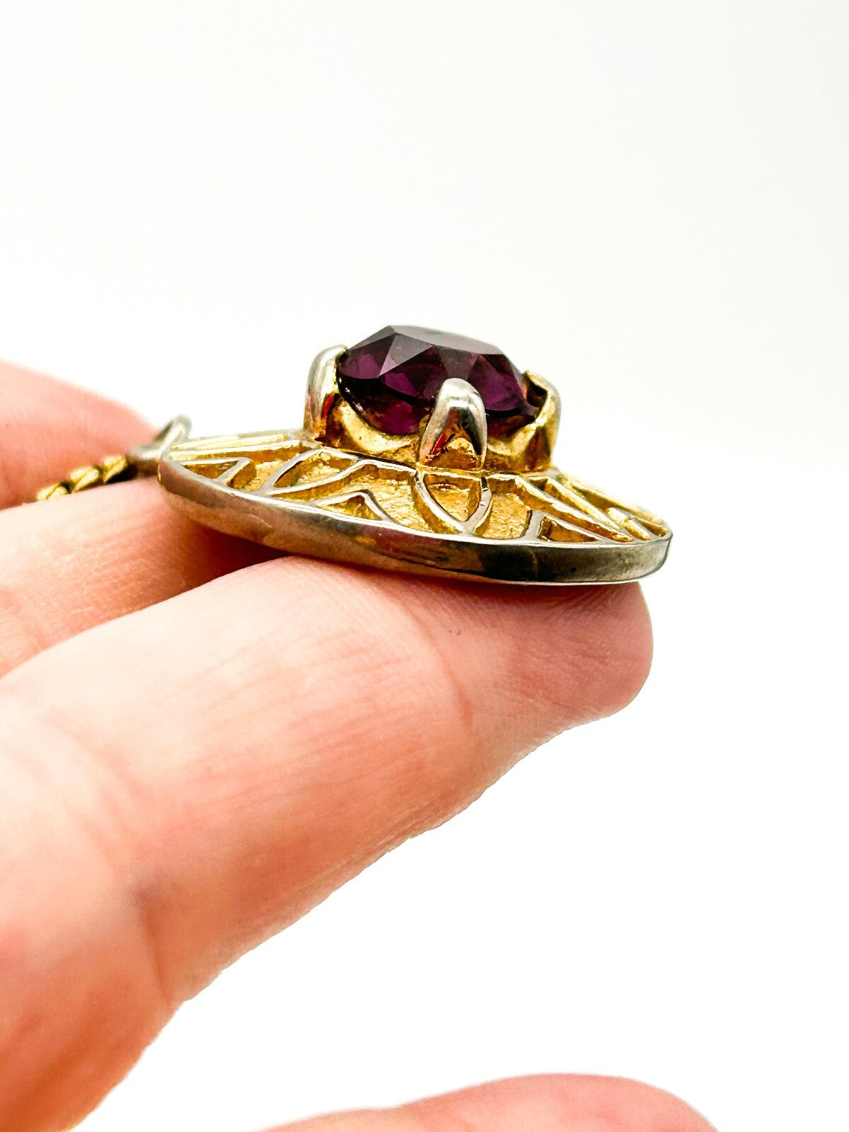 Vintage Purple Glass Statement Pendant Necklace Gold Tone Retro Jewellery