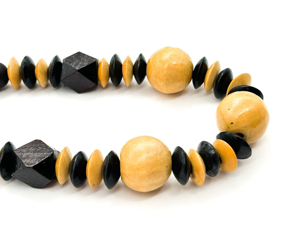 Vintage Black Beige Wooden Bead Necklace Long Chunky Bohemian Statement Retro