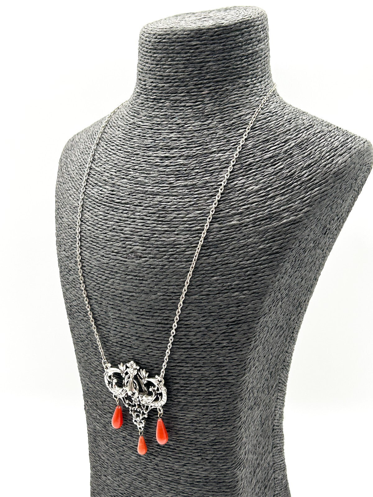 Vintage Art Nouveau Style Pendant Necklace Silver Tone Orange Glass Drops