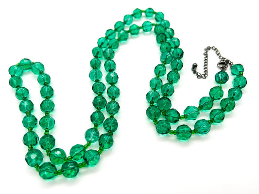 Long Emerald Green Faceted Glass Bead Necklace 39.5” Layering Statement Extender