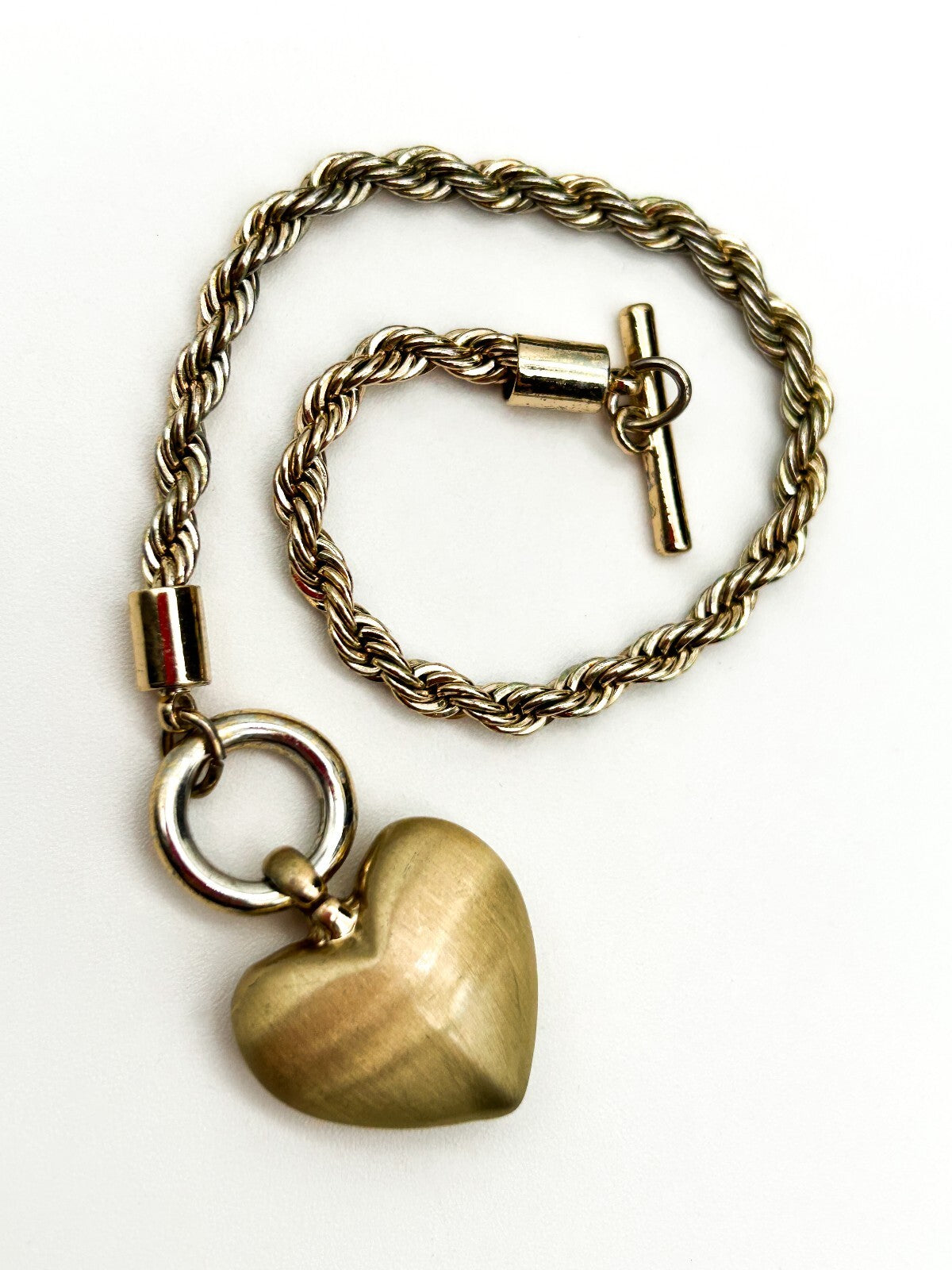 Vintage Gold Tone Rope Chain Bracelet Love Heart Charm Toggle Clasp Bracelet
