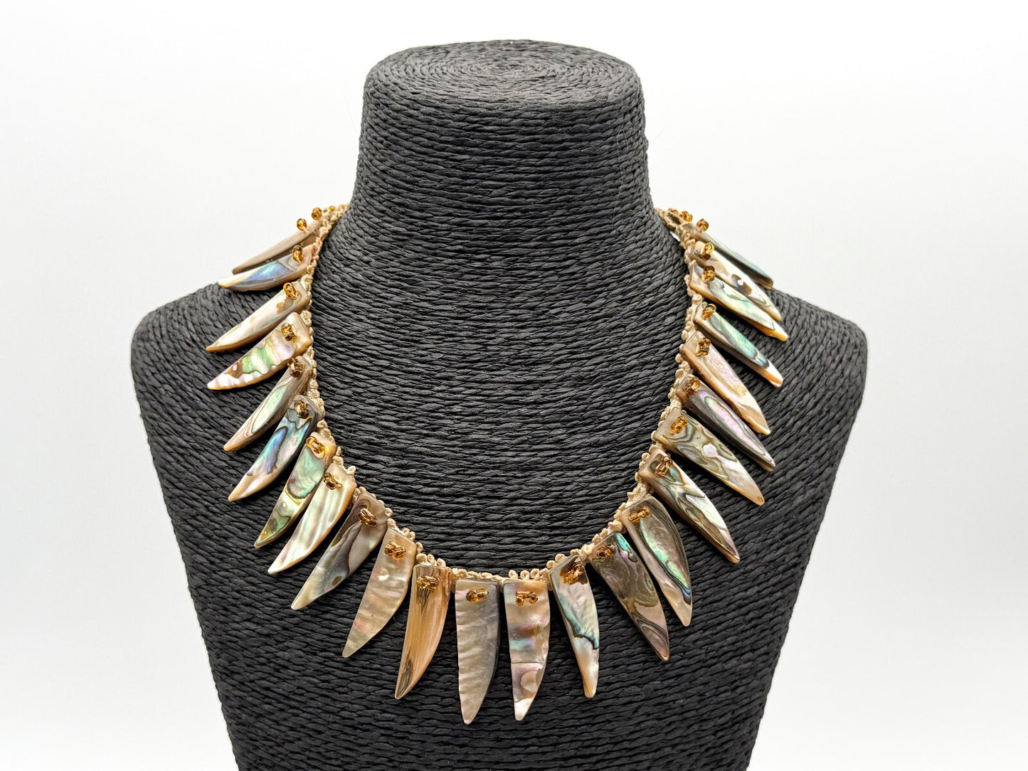 Vintage Abalone Shell Feather Spike Necklace Lace Beaded Statement 17” Boho