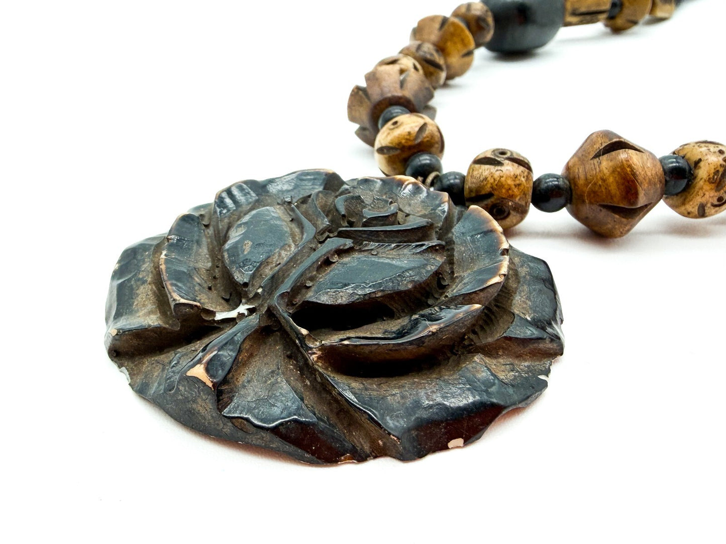 Vintage Boho Carved Organic Material Tribal Necklace Wood Bead Flower Pendant
