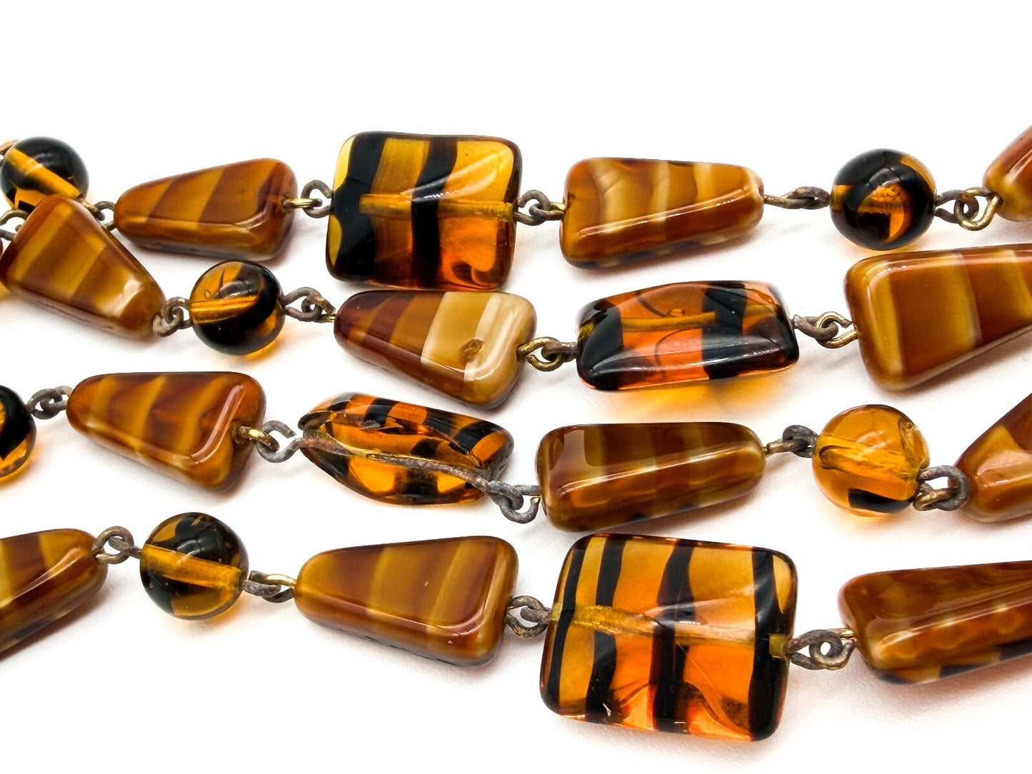 Vintage Amber Art Glass Necklace Givre Black Stripe Geometric Beads 24.5 Inch