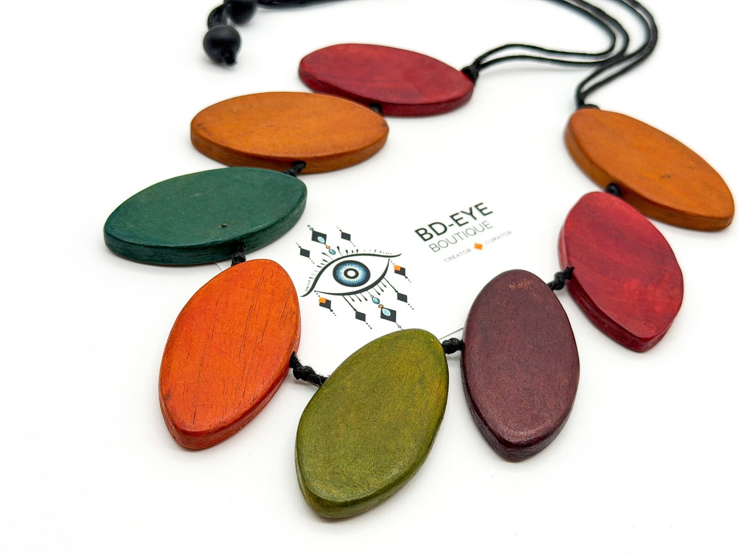 Chunky Wood Statement Necklace Boho Dyed Oval Beads Adjustable Green Orange Red