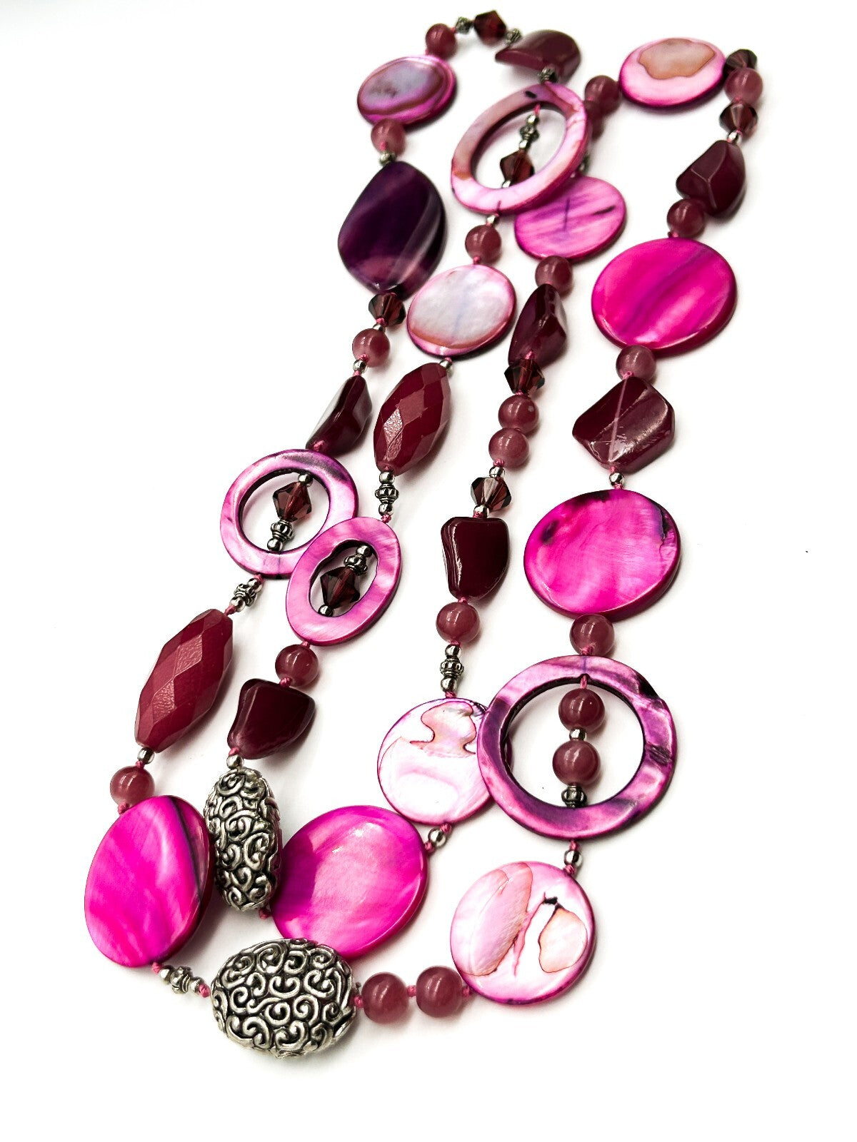Hand Knotted Pink Shell Statement Necklace Magenta Purple Glass Boho