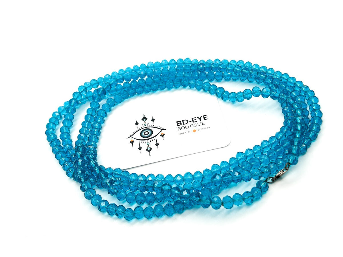Long Aqua Blue Crystal Glass Bead Necklace Faceted Rondelle Multi Wrap 80”