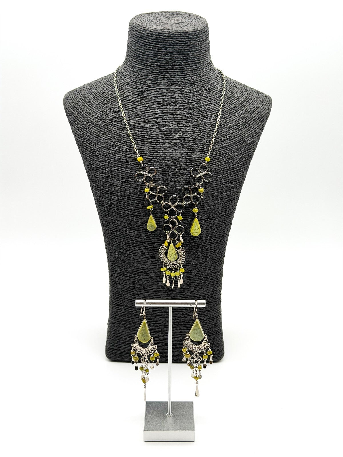 Peruvian Alpaca Silver Serpentine Necklace Earrings Set Wirework Floral Bib
