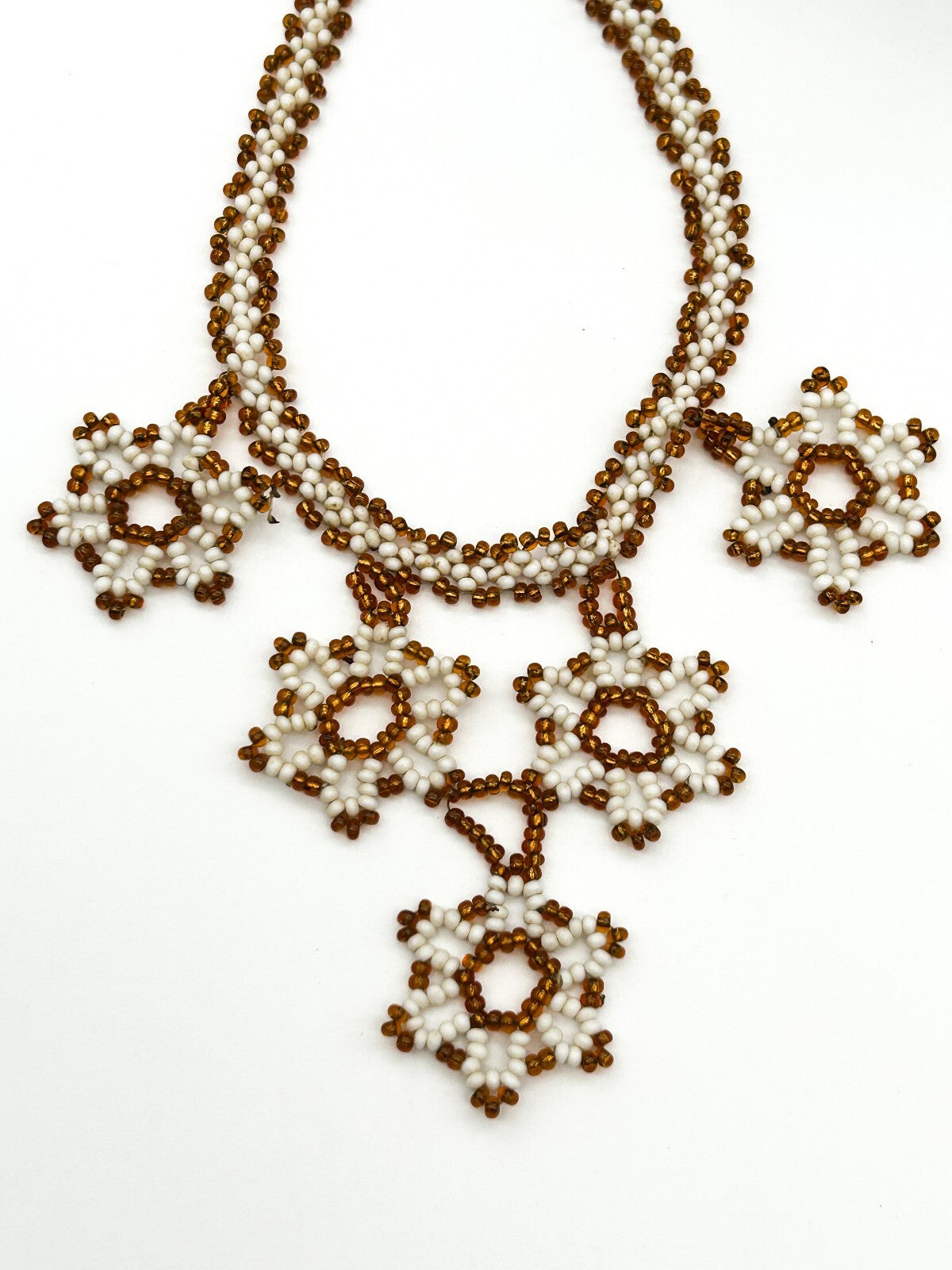 Vintage Handmade Artisan Flower Glass Bead Floral Bib Necklace Orange White
