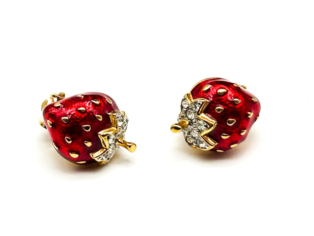 Vintage Cabouchon Strawberry Clip On Earrings Red Enamel Gold Tone Novelty Fruit