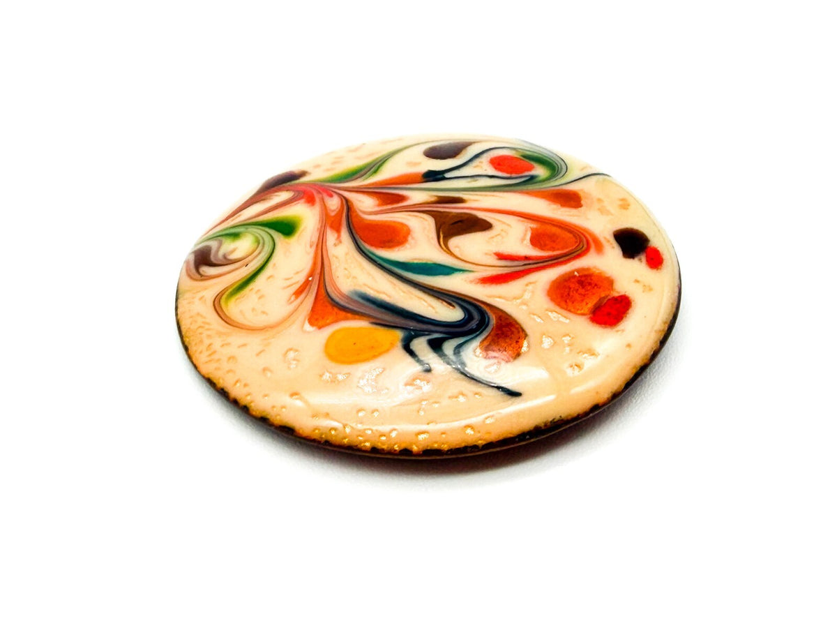 Vintage Enamel Ceramic Brooch Abstract Floral Swirl Round Statement Pin