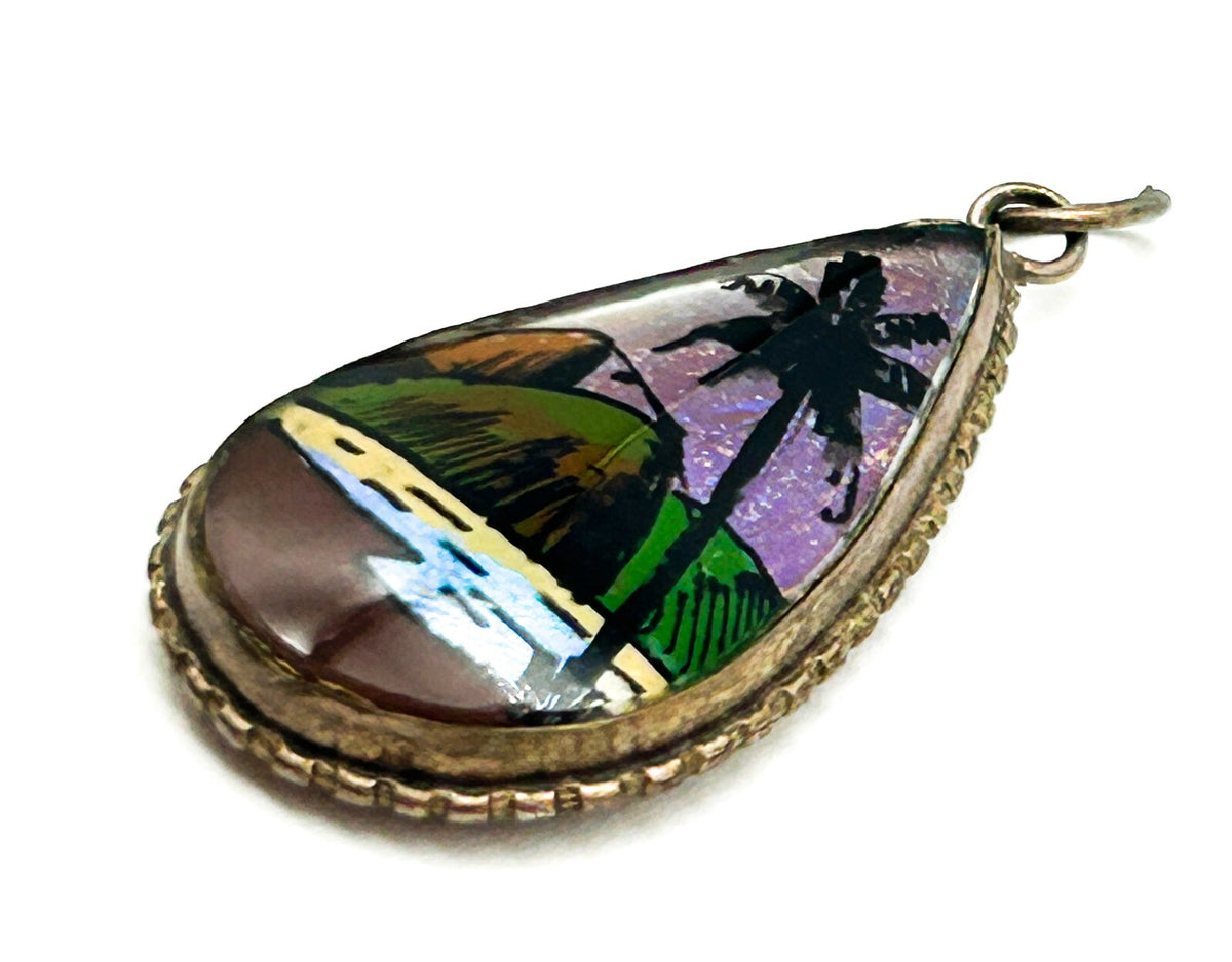 Vintage Morpho Butterfly Wing Pendant Brazil Bubble Glass Deco Reverse Painted