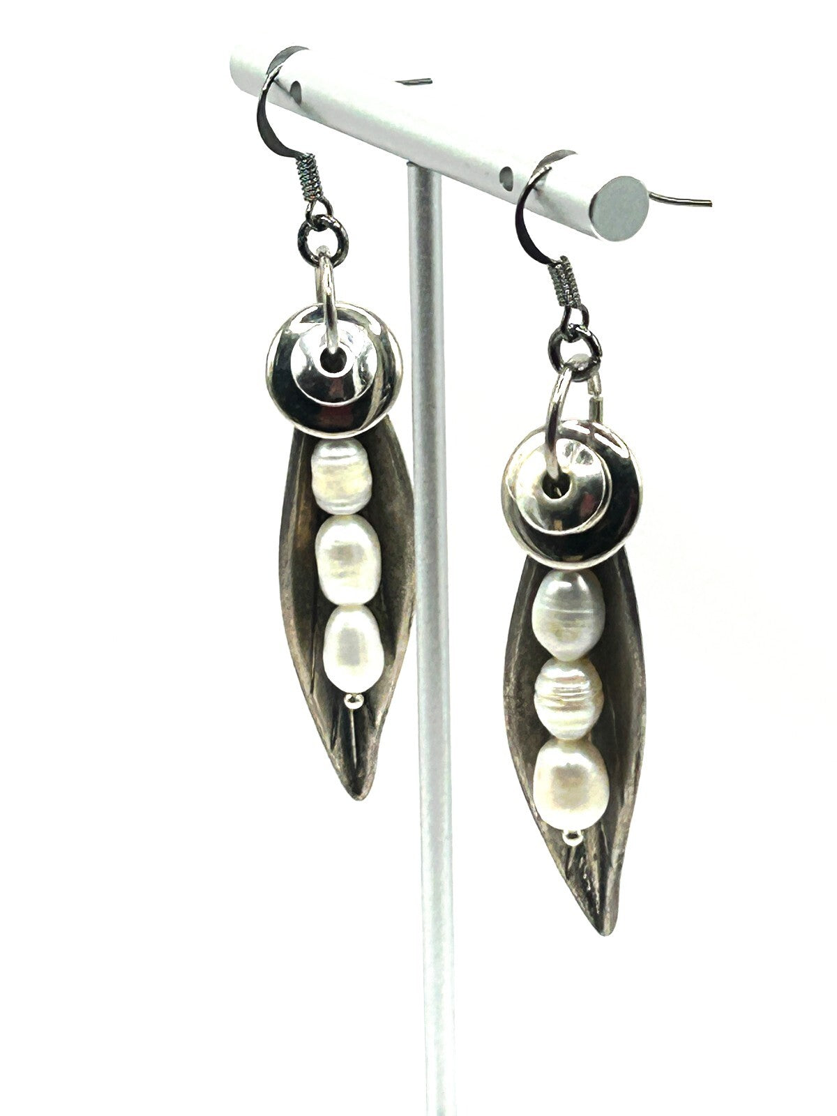 Freshwater Pearl Sculptural Leaf Earrings Silver Tone BD-Eye Original
