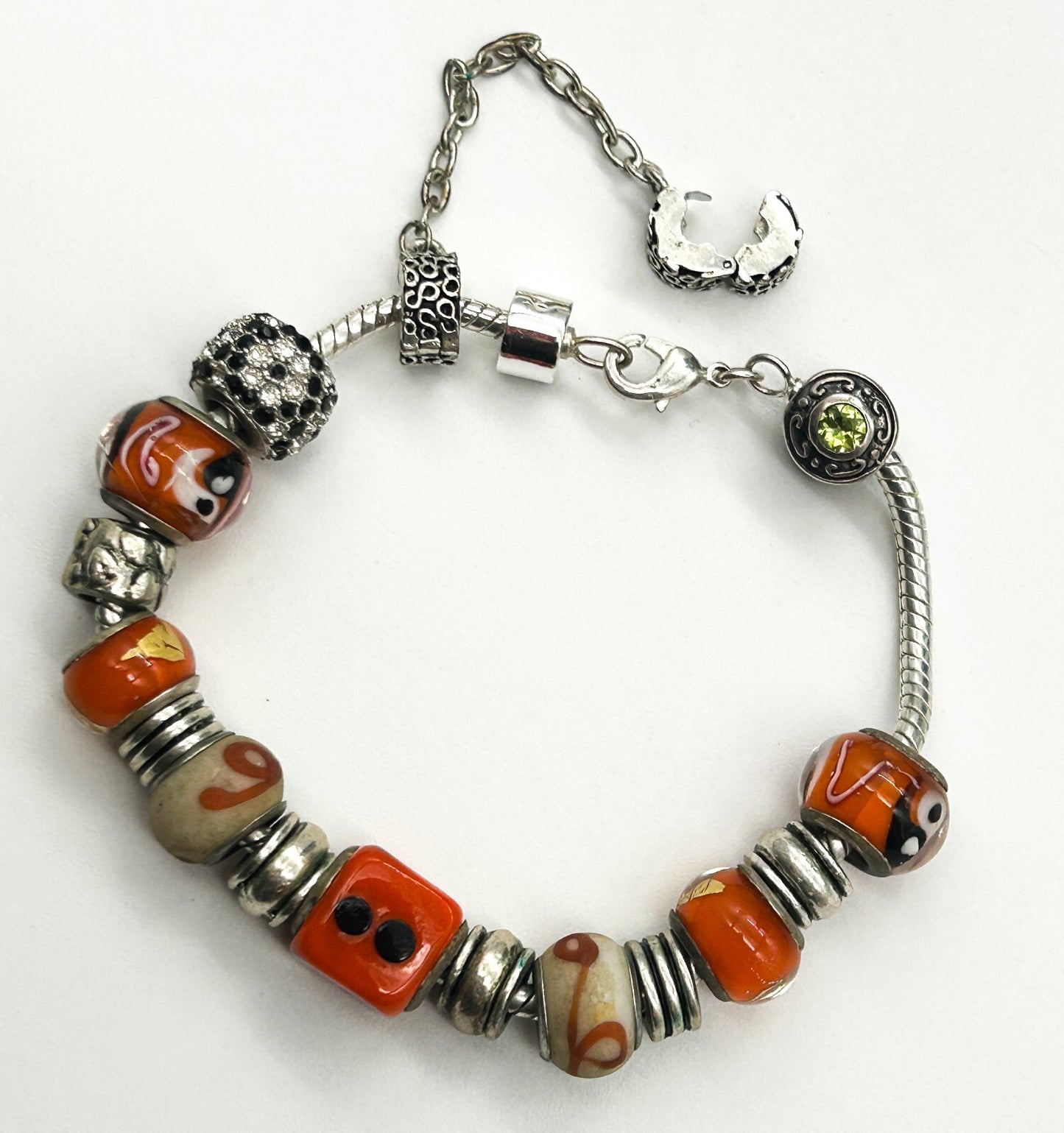 Orange Glass Charm Bracelet European Beads Yin Yang Dice 925 Sterling Charm