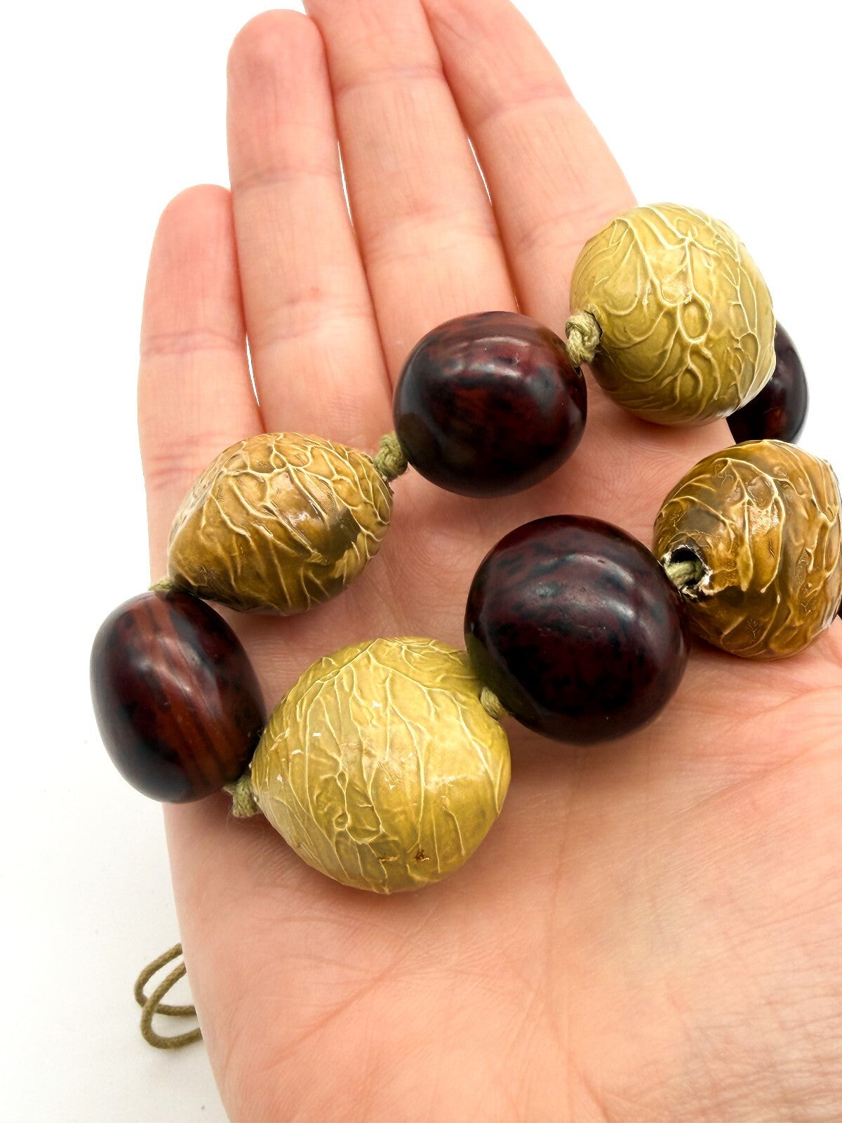 Kukui Nut Statement Necklace Brown Yellow Hand Knotted Adjustable Natural