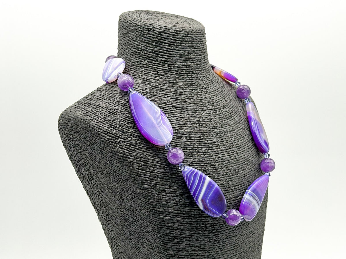 Chunky Amethyst & Purple Banded Agate Gemstone Necklace Faceted Crystal Beads