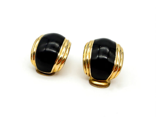 Vintage Black Gold Tone Clip On Earrings Ribbed Domed Retro Statement