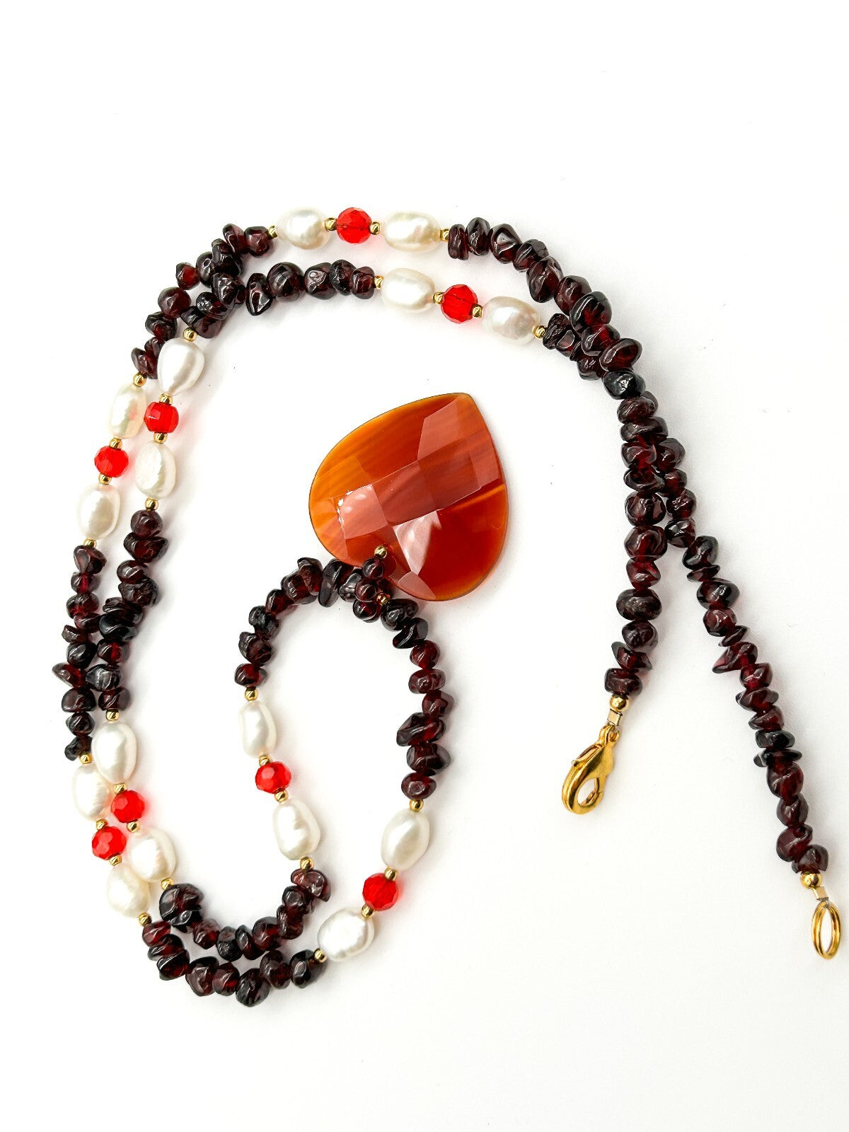 Long Garnet Necklace Freshwater Pearls Carnelian Heart Pendant Gemstone