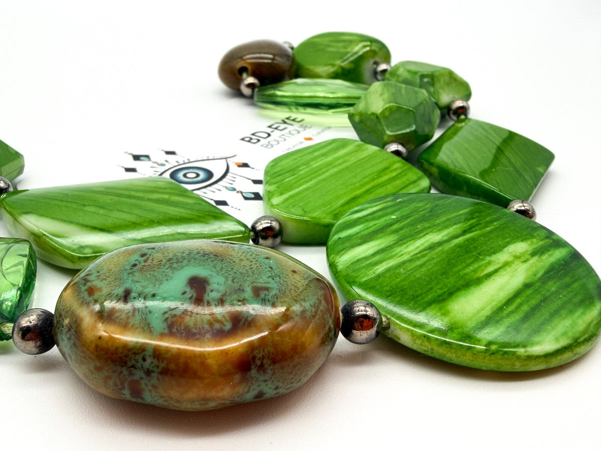 Chunky Lime Green Acrylic & Ceramic Statement Necklace Boho Cord Necklace