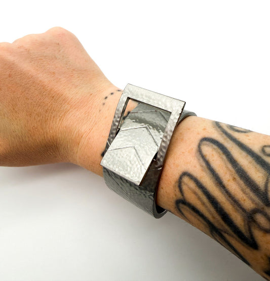 Geometric Silver Tone Buckle Bangle Textured Hammered Statement Cuff Bracelet