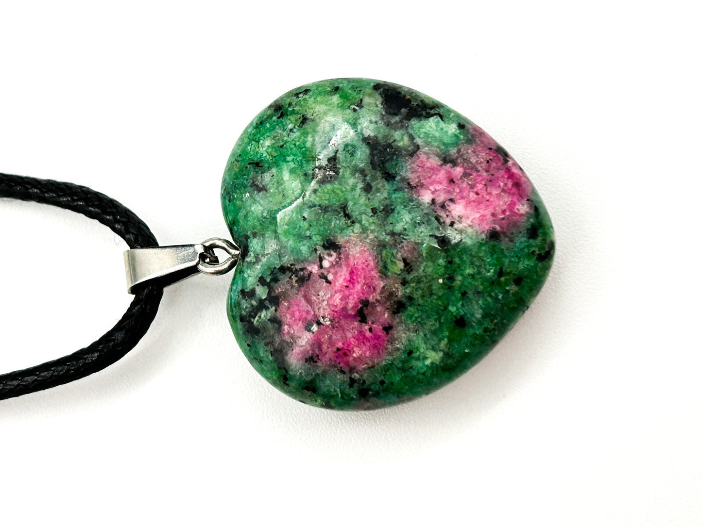 Ruby in Zoisite Heart Pendant Necklace Natural Gemstone Black Cord Necklace