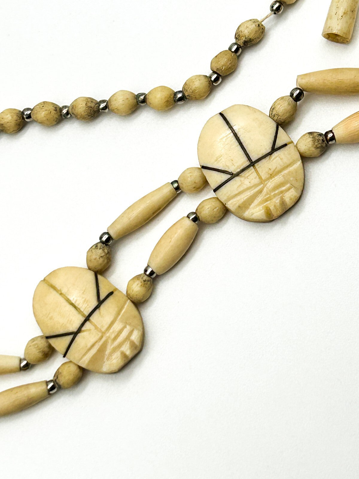 Vintage Carved Scarab Necklace Organic Material Egyptian Revival Beaded 21”