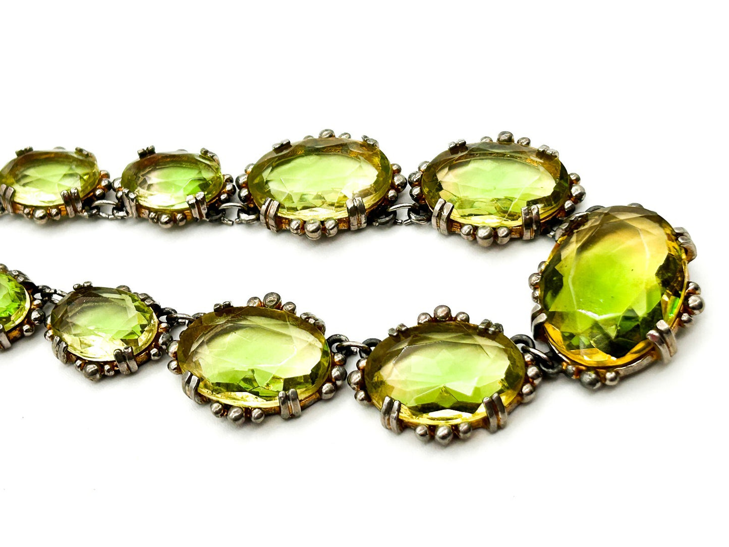 Vintage Lime Green Yellow Faceted Glass Statement Necklace Prong Oval Crystal
