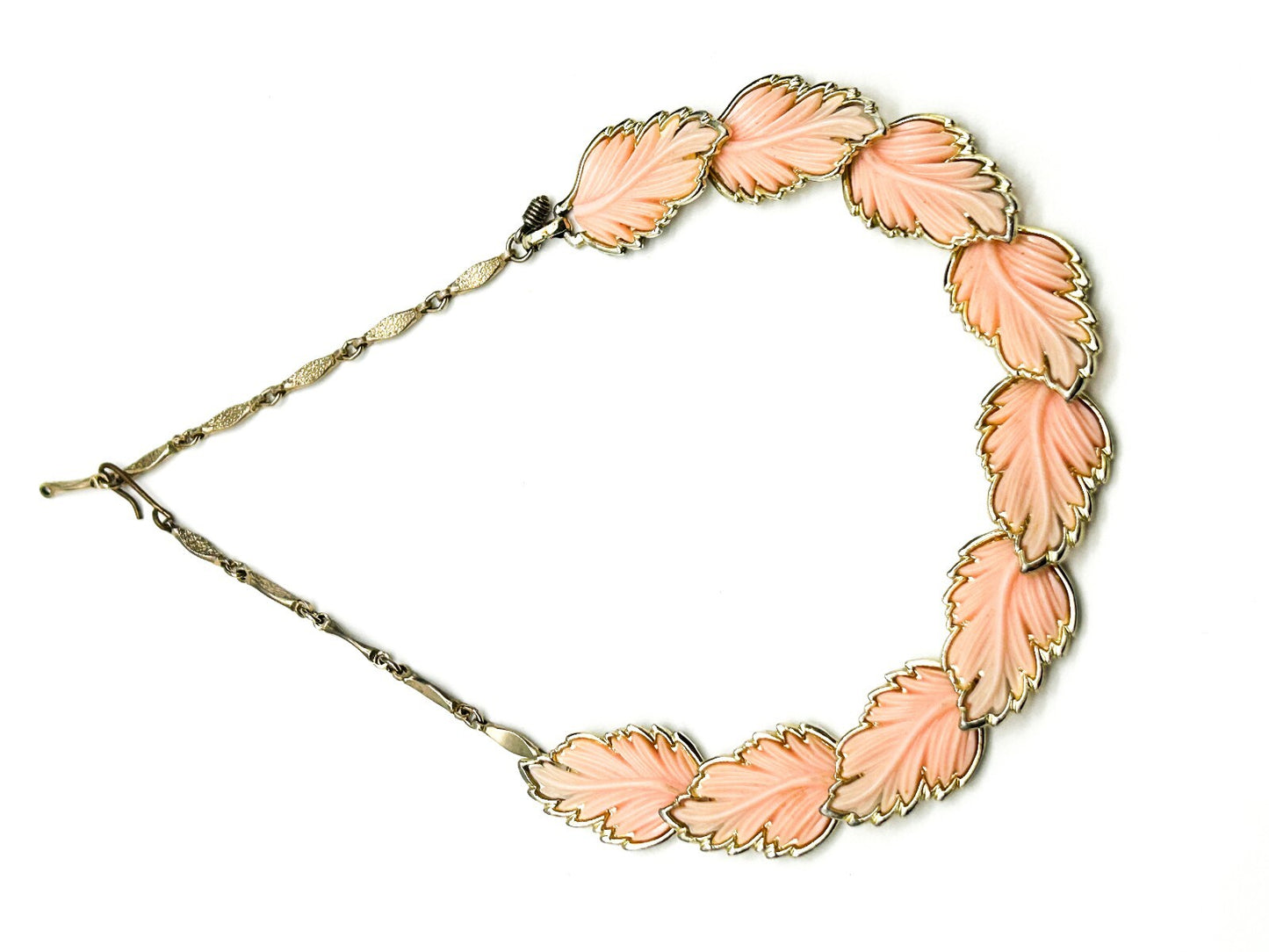Vintage Pink Thermoset Lucite Leaf Necklace Silver Tone Articulated Leaves