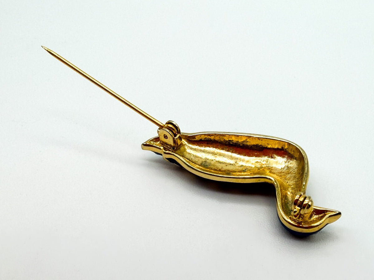 Vintage Blue Enamel Duck Bird Brooch Gold Tone Rhinestone Eye Pin