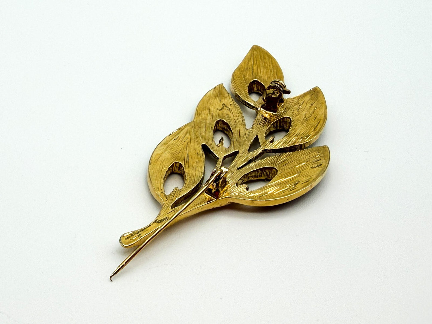 Gold Tone Purple Green Enamel Floral Spray Brooch Rhinestone Leaf Pin