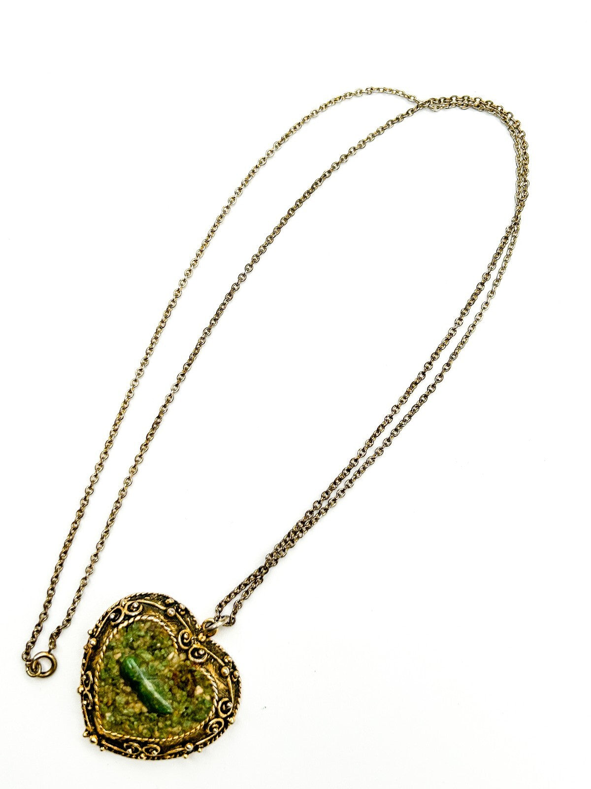 Vintage Gold Tone Heart Pendant Necklace Green Gemstone Chip Long Chain