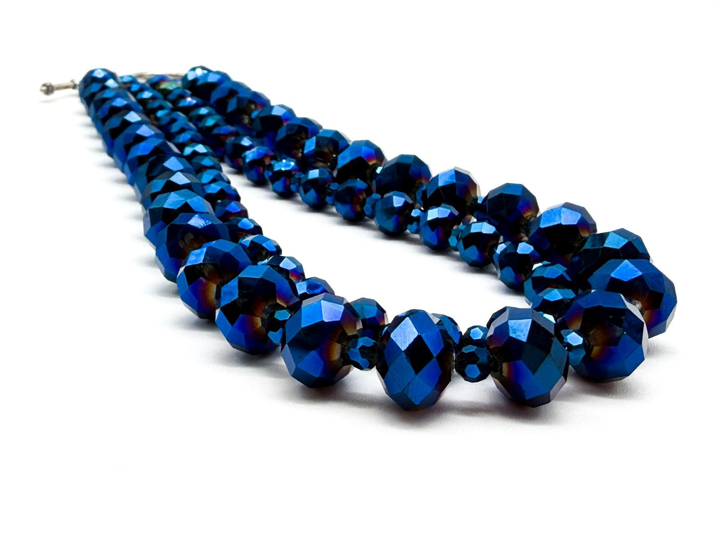 Multi Strand Blue Purple Iridescent Oil Slick Glass Beaded Necklace 925 Toggle