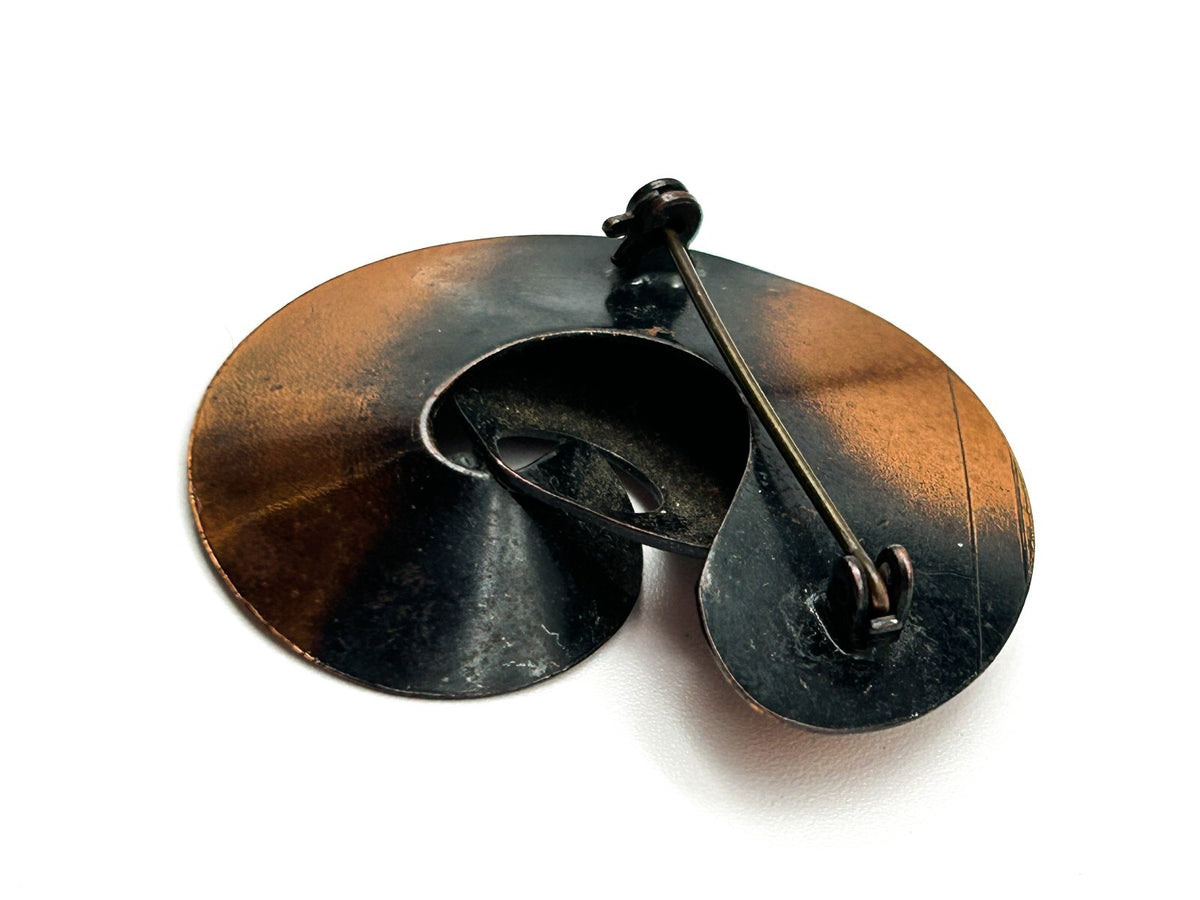 Vintage Modernist Copper Swirl Brooch Mid Century Abstract Spiral Pin Statement
